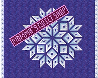 May include: A blue and white snowflake quilt pattern with a pink banner that says "Momma's Quilt Shop".