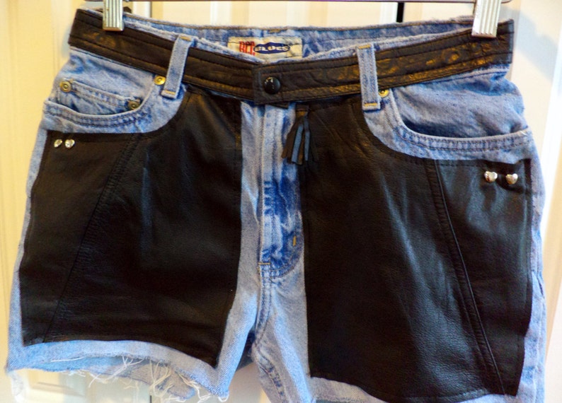 High Waisted Denim Shorts Leather / Studded Upcycled, Recycled, Repurposed Clothing Size 8 image 1