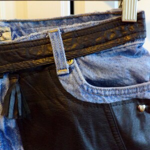 High Waisted Denim Shorts Leather / Studded Upcycled, Recycled, Repurposed Clothing Size 8 image 3