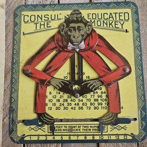 May include: Vintage educational toy featuring a monkey in a red suit with the text "CONSULT THE EDUCATED MONKEY." The toy has a yellow background with numbers and a pointer to solve math problems. The monkey's arms and legs are movable.