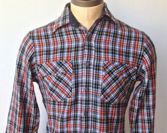 Vintage MENS 1970s J.C. Penney The Men's Shop red, white, black & yellow plaid flannel shirt, size M