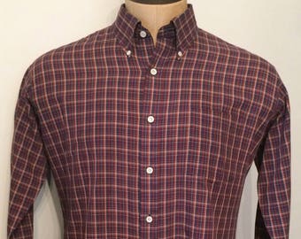 Vintage MENS Sears long sleeve red, blue, tan & white plaid shirt, circa 70s, size L