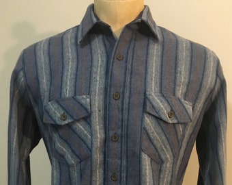 Vintage MENS 80s-90s Oakton Ltd blue, brown & grey striped wool blend shirt, size large