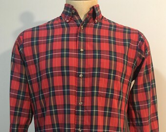 Vintage MENS 80s Van Heusen 417 red, white, yellow, green & blue plaid long sleeve shirt, size M