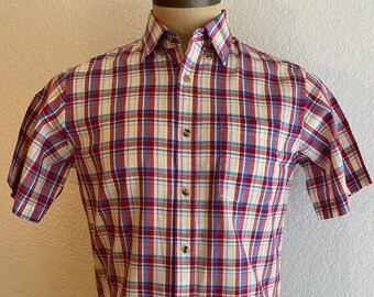 Vintage MENS 80s Honors white, red, yellow & blue plaid short sleeve shirt, size M, dead stock