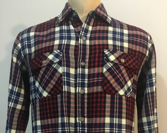 Vintage MENS 80s-90s Arrow Sportswear black, white, dark blue & red plaid flannel shirt , size large