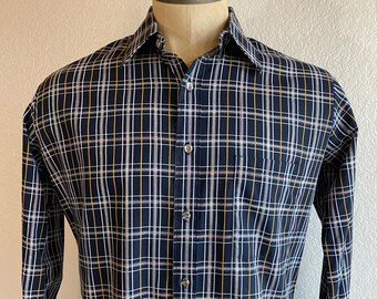 Vintage MENS 80s Bon Homme black, grey, white and rust plaid long sleeve shirt, size L