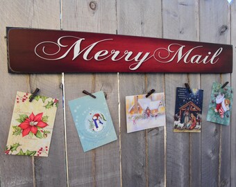 Titular de la tarjeta de Navidad Red Merry Mail - Percha de tarjeta de Feliz Navidad - Tarjetas de Navidad - Exhibición de tarjetas - Titular de la tarjeta de felicitación - Regalo de Navidad