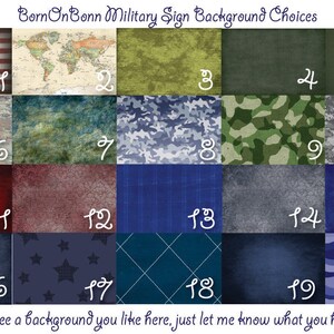 May include: A collage of 20 different background options for a military sign. The backgrounds include camouflage patterns, a world map, a US flag, and various textured backgrounds in shades of blue, green, and red.