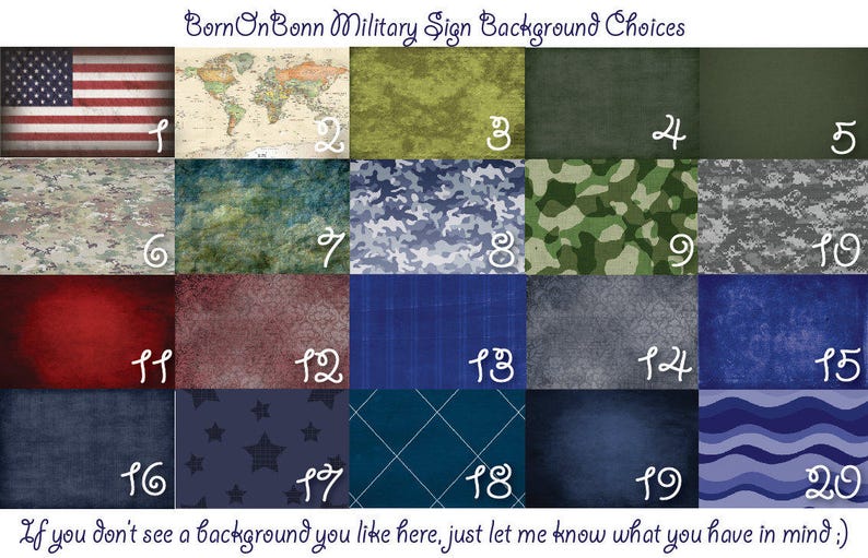 May include: A collage of 20 different background options for a military sign. The backgrounds include camouflage patterns, a world map, a US flag, and various textured backgrounds in shades of blue, green, and red.