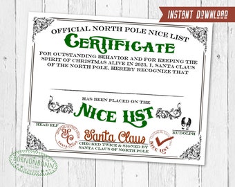 Digital Nice Certificate - Digital Download - Child's Nice Certificate - North Pole - Santa - Digital File - Santa Claus