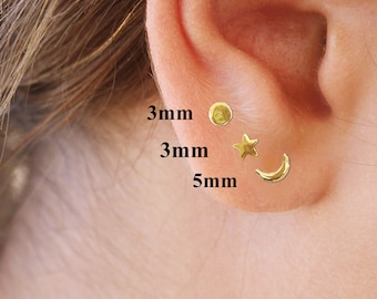 Moon and Star Mismatched Earrings •  Sterling Silver Stud Earring Set of 3 Mismatched Stud Earrings • Christmas Gift for Women Idea Present