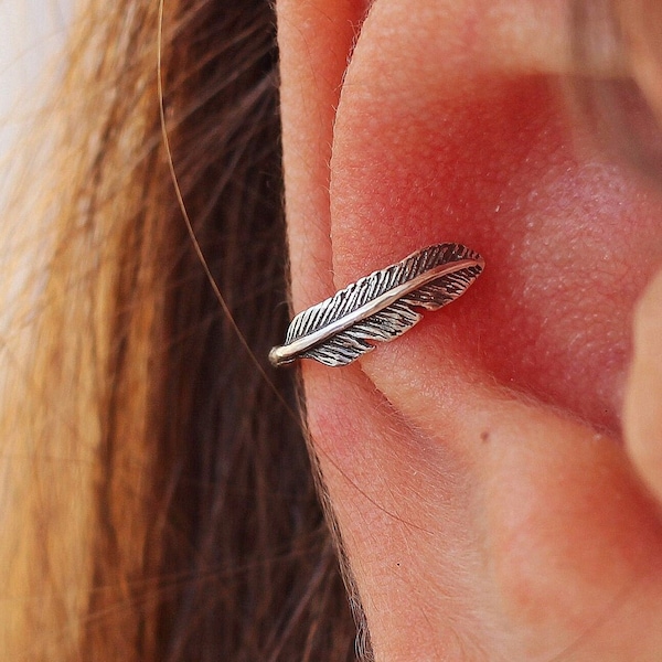 Feather Conch Hoop, Sterling Silver or Gold  Conch Piercing, Nature Jewelry,  Conch Cuff, Conch Earring