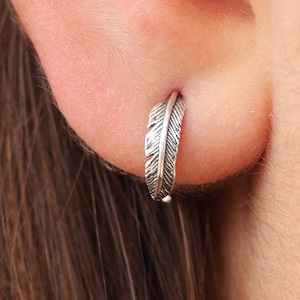 Feather Huggie Earrings , Sterling Silver or Gold Hoop Earrings , Tiny Hoop Earrings, Conch  Hoop, Huggie Hoop Earrings, Gift for Her