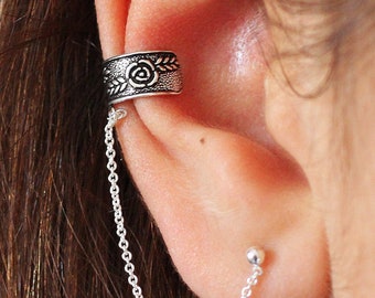 Ohr cuff mit Kette Ohrring Set, Sterling Silber Doppel Piercing, Fake Conch Piercing, Kette Ohrringe Manschette, Boho Kette Ohr cuff Kein Piercing