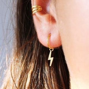 Lightning Bolt Small Hoop Earrings With Charm, Rose Gold Hoop Earrings, Mismatched Earrings, Sleeper Earrings
