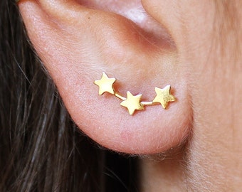 3 Stars Gold Ear Climber Earrings, Three Best Friends Gift