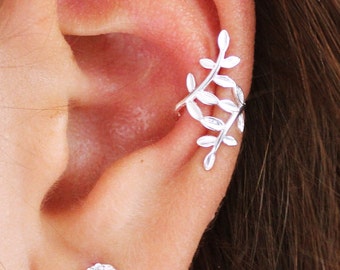 Ear Cuff No Piercing, Leaf Ear Cuff  Silver, Conch Earring, Gift for Women, Olive Branch Ear Cuff for Unpierced Ears