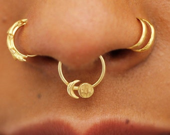 Moon Phases Septum Ring, Septum Piercing, Rose Gold Septum Ring, Dainty Septum Jewelry, Tiny Septum Ring, 16g Septum Ring, Snug Fit Hoop