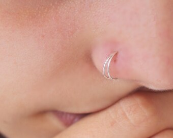 Sterling Silver Nose Ring, Double Nose Ring for Single Piercing, Gold Nose Hoop, Double Hoop Nose Ring, Helix Cartilage Conch Hoop Earring