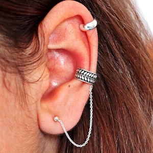Set di orecchini a polsino con foglie e catena, doppio piercing in argento, piercing finto a conchiglia, polsino con orecchini a catena, polsino con catena boho senza piercing
