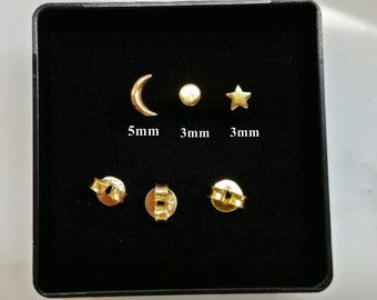 Moon and Star Mismatched Earrings •  Sterling Silver Stud Earring Set of 3 Mismatched Stud Earrings • Christmas Gift for Women