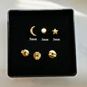 Boucles d'oreilles Lune et Étoile dépareillées - Sterling Silver Stud Earring Set of 3 Mismatched Stud Earrings - Christmas Gift for Women