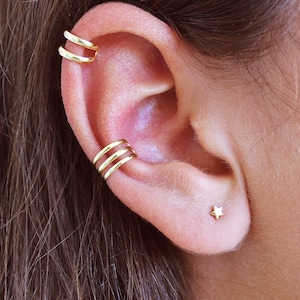 Brincos de orelha minimalistas com três faixas sem piercing, brincos de orelha triplos ou duplos, brincos de orelha dourados, brincos de orelha de prata