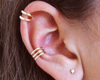 Minimalistische Triple Band Ear Cuff Oorbellen geen piercing, Triple of Double Ear Cuff, Gold Ear Cuff, Sterling Ear Cuff