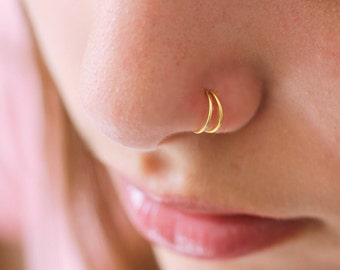 14k Solid Gold Nose Ring Hoop,Double Nose Ring for Single Piercing, Double Hoop Nose Ring, Silver Nose Ring, Double Nose Ring Single Pierced