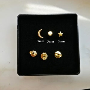 Boucles d’oreilles Single Tiny Star et Moon • Boucles d’oreilles en or, or rose ou argent sterling • Boucles d’oreilles Mix&match • Goujons 3mm 5mm • Cadeau pour femmes