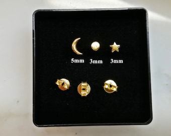 Pendientes Single Tiny Star y Moon • Pendientes de oro, oro rosa o plata de ley • Pendientes Mix&match • Tachuelas de 3 mm y 5 mm • Regalo para mujeres