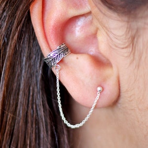 Boucles d'oreilles avec chaîne, double piercing en argent sterling, faux piercing de conque, boucles d'oreilles en chaîne, manchette d'oreille bohème sans piercing