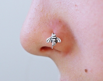 Tiny Bee Nose Ring, Gold Nose Ring Hoop, Bumble Bee Nose Hoop, Sterling Silver Nose Ring, Dainty Thin Nose Ring, Snug Fit Nose Piercing