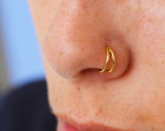 Small Gold Nose Ring Hoop, Double Nose Ring for Single Piercing, Rose Gold Nose Hoop, Silver Thin Nose Ring, Gift for Her Birthday