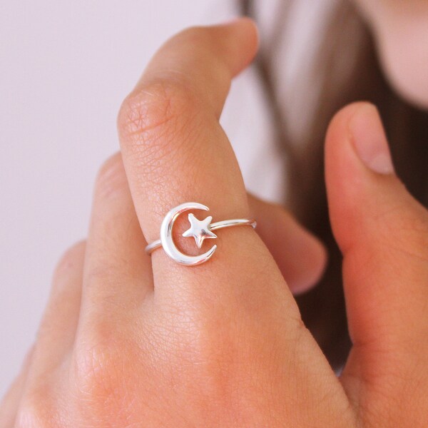 Stern & Mond Ring, Himmlischer Sterling Silber Ring, Halbmond Daumen Ring, Geburtstagsgeschenk für beste Freundin, Verstellbarer Mond Ring