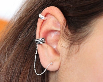 Polsino per orecchie a foglie con set di orecchini a catena, doppio piercing in argento, falso piercing a conchiglia, polsino per orecchini a catena, polsino per orecchie a catena Boho senza piercing