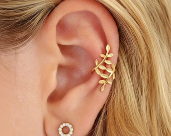 Ear Cuff Hojas Plata 925, Joya Oreja Sin Piercing, Ajustable Helix Conch Cartílago, Regalo Mujer Cumpleaños Navidad