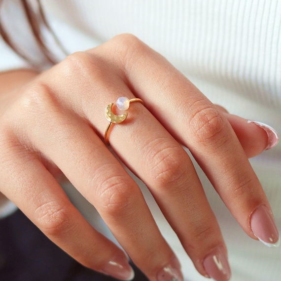Raw Opal Ring, Crescent Moon Ring Opal, Raw Stone Ring, Gold Ring for Women, Raw Gemstone Ring, Gift for Girlfriend, Unique Gift for Wife