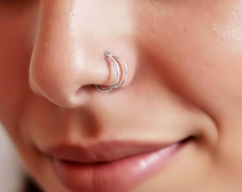 Sterling Silver Nose Ring, Double Nose Ring for Single Piercing, Gold Nose Hoop, Double Hoop Nose Ring, Helix Cartilage Conch Hoop Earring