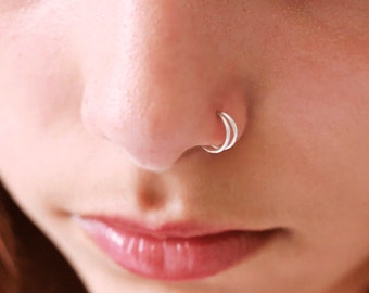 Sterling Silver Nose Ring, Double Nose Ring for Single Piercing, Gold Nose Hoop, Double Hoop Nose Ring, Helix Cartilage Conch Hoop Earring