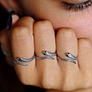 Peut inclure: Trois bagues en argent en forme de serpent avec des yeux noirs sur la main d'une personne.