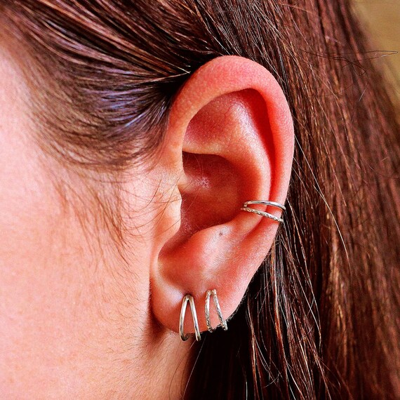 Small Gold & Silver Huggie Hoop Earrings Set - 6mm 8mm 10mm Chunky Wide Hoops For Multiple Piercings