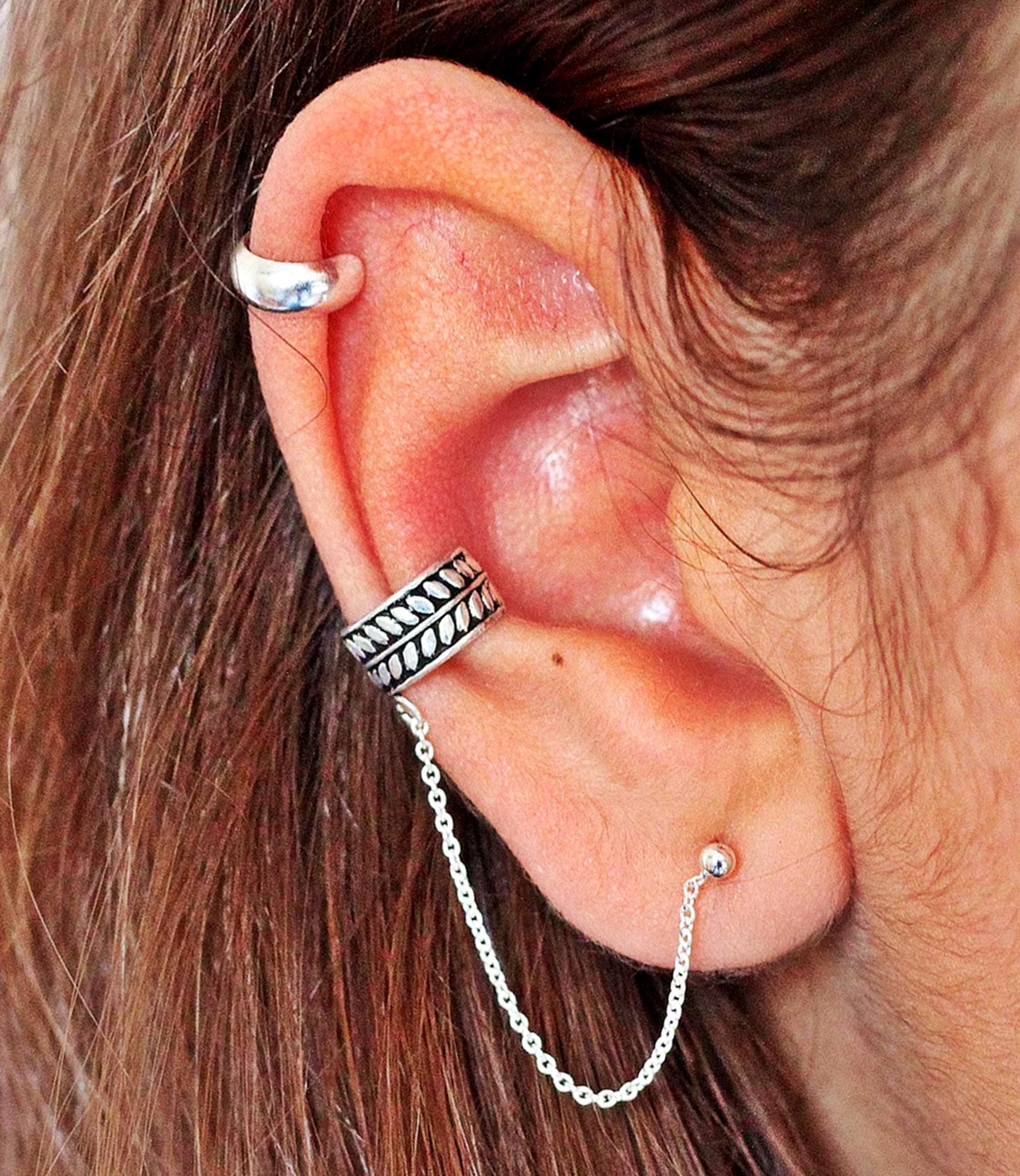 Leafs Ear Cuff With Chain Earring Set, Silver Double