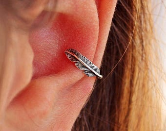 Feather Conch Hoop, Sterling Silver or Gold  Conch Piercing, Nature Jewelry,  Conch Cuff, Conch Earring