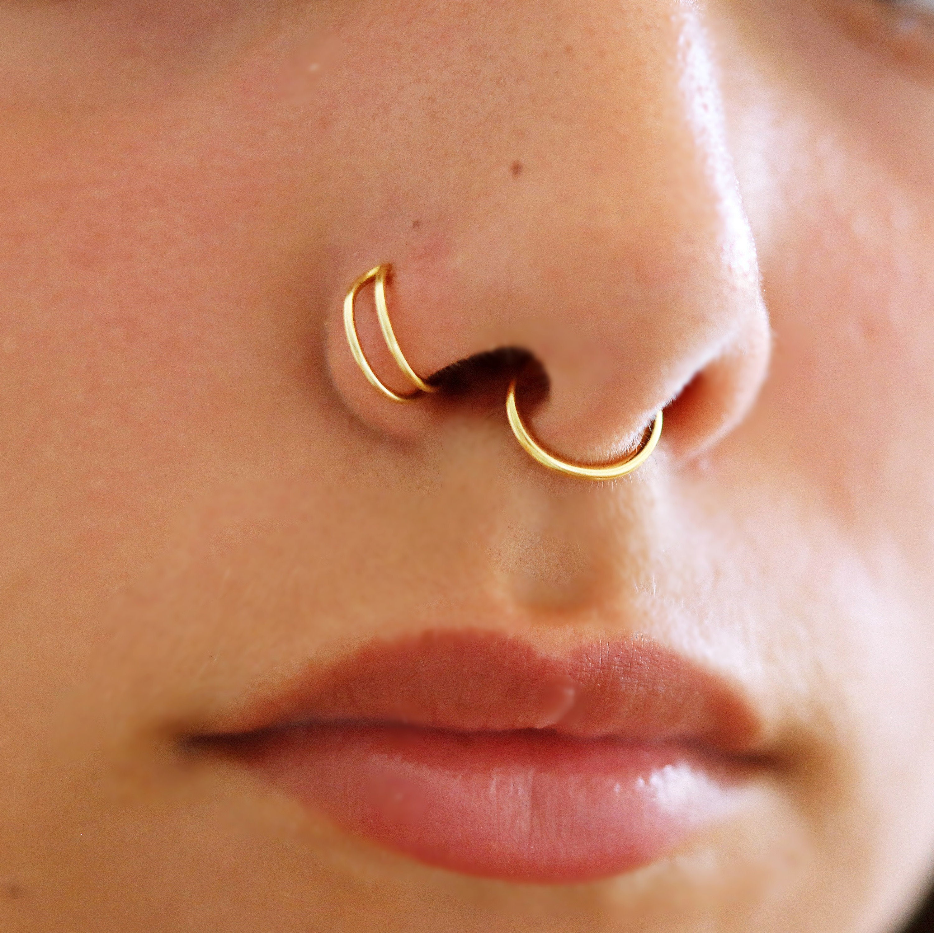 14k Gold Double Nose Ring Hoop for Single Piercing 24 Gauge Thin Spiral  Twist Nose Jewelry Women 7mm