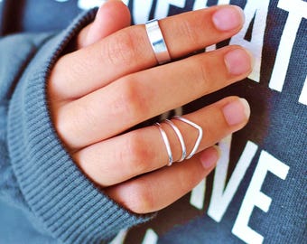 Set di Anelli Midi in Argento, Anelli per Nocche, Anelli Impilabili, Anello Chevron Regolabile, Gioielli Minimalisti, Regalo per Lei