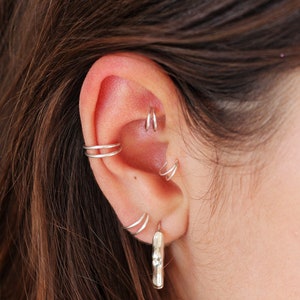 Pu&ograve; includere: Primo piano di un orecchio con pi&ugrave; piercing all'orecchio in argento. I piercing includono un cerchio, un piercing all'elice e un piercing al lobo.