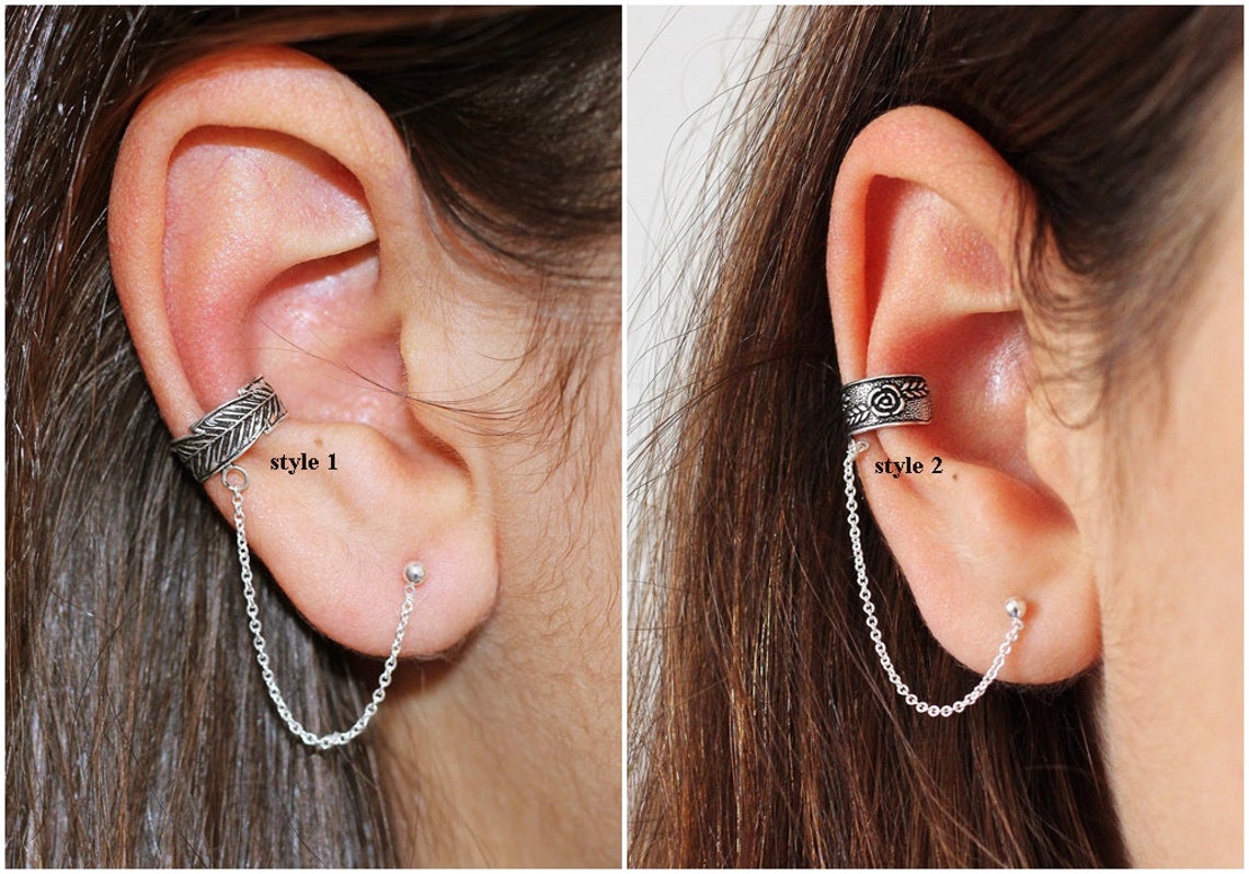 Ohrringe Mit Kette Zum Oberen Ohr Ohr cuff mit Kette Ohrring Set Sterling Silber Doppel | Etsy