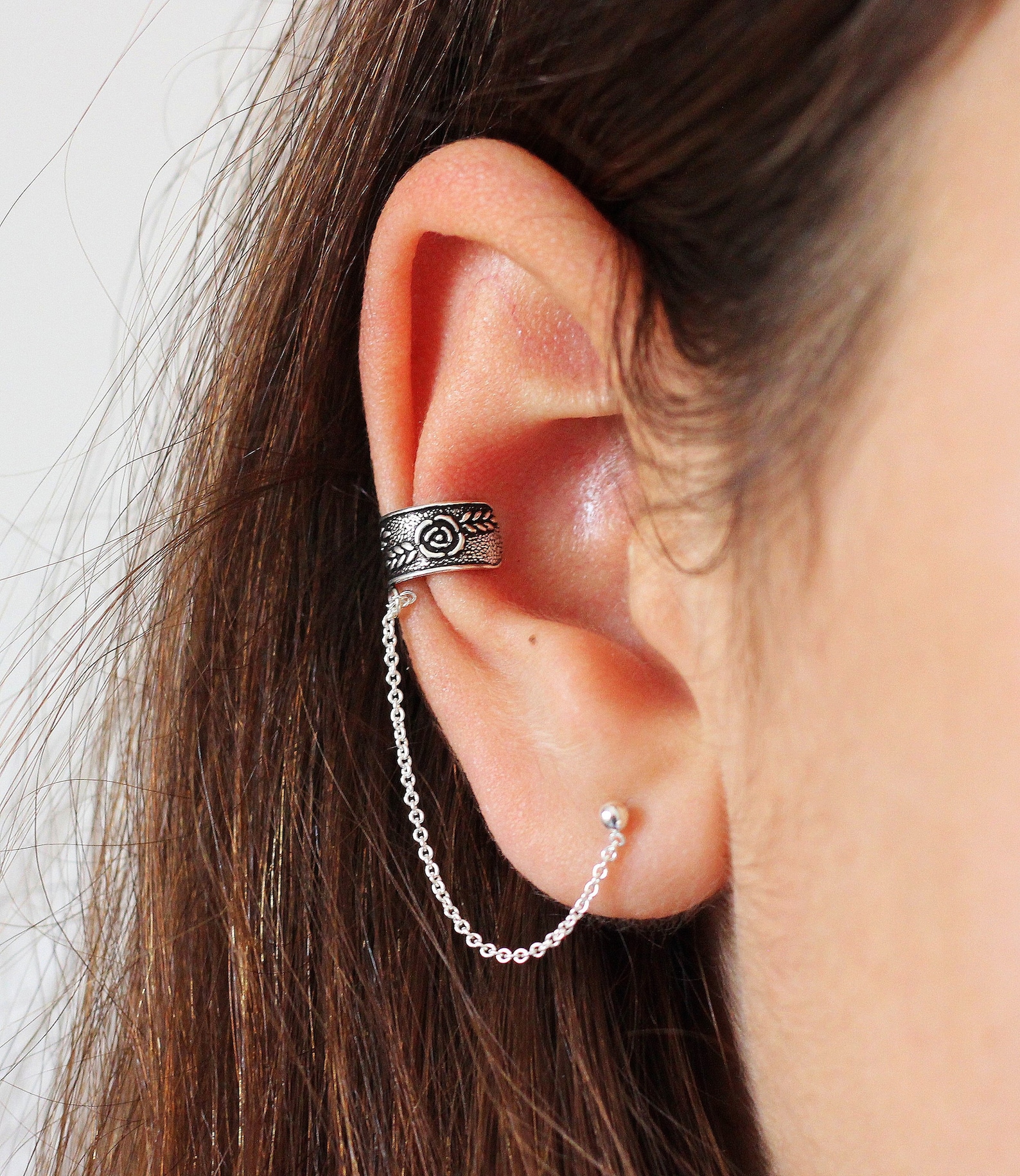 Ear Cuff With Chain Earring Set Sterling Silver Double Etsy